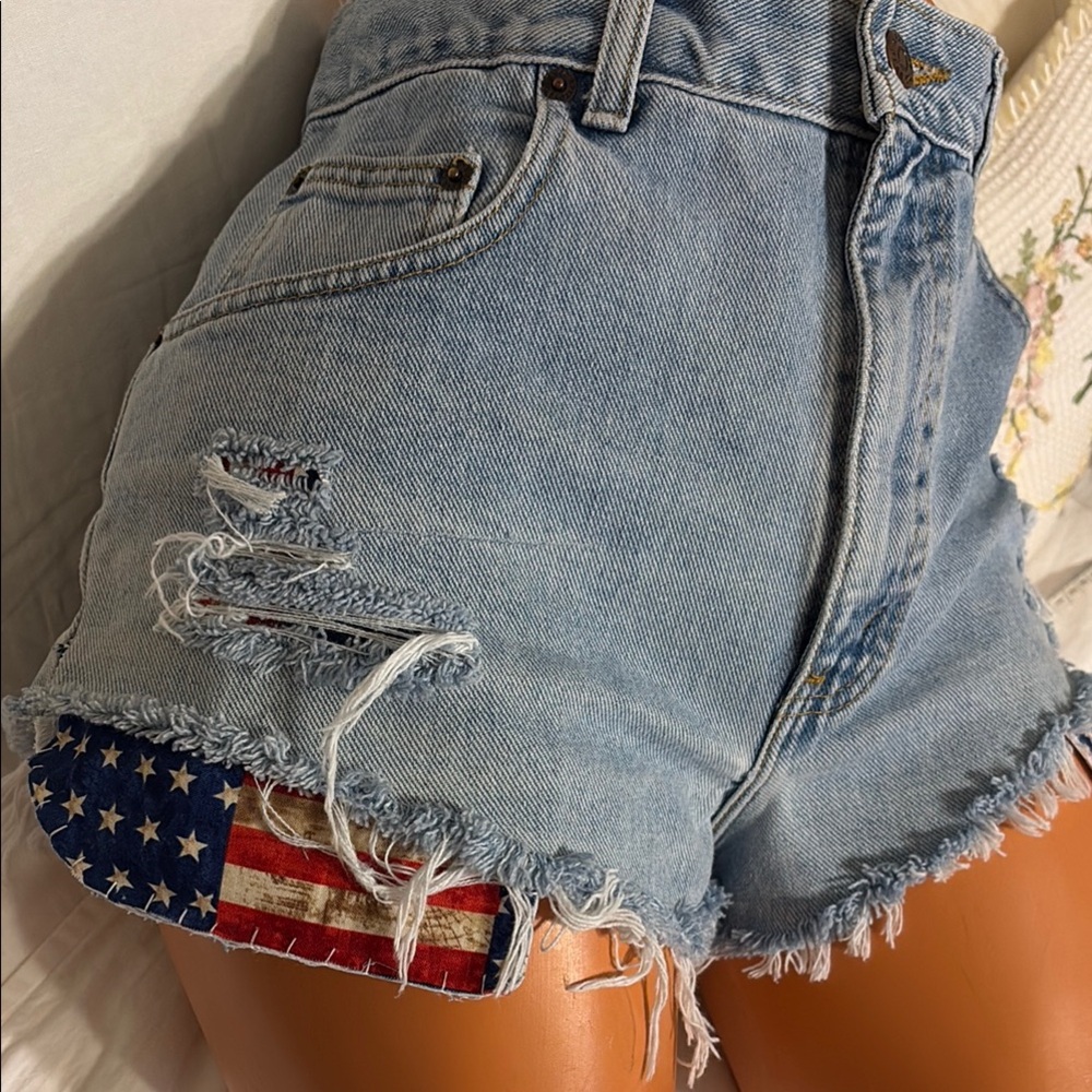 Vintage 90s Distressed Denim CHEEKY USA blue jean Shorts American flag
